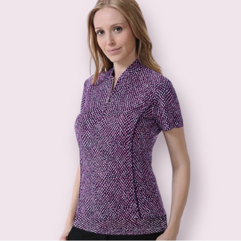 Monterey Club Glitzy Animal Print Zip Golf Polo Shirt in Eggplant & Black